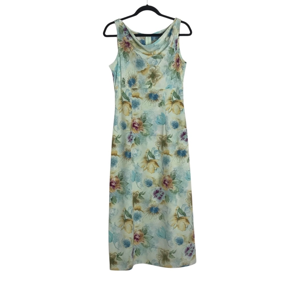 Vintage 90s Joni Blair Green Floral Cowl Neck Sleeveless Midi Dress Size 9/10